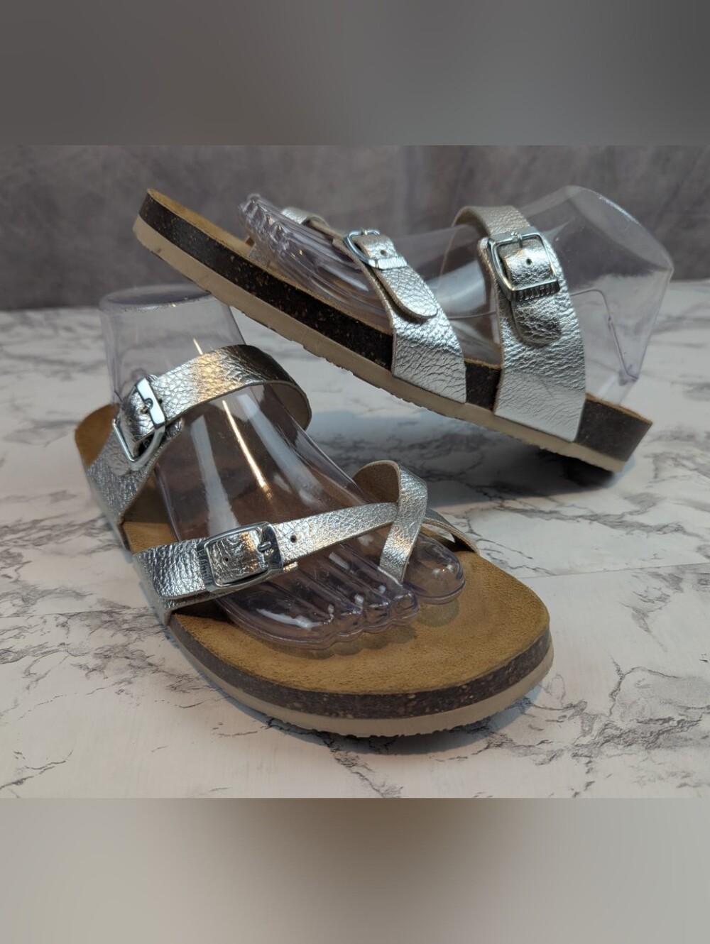 Plakton Metallic Silver Leather Multi Strap Toe Loop Cork Sandals Spain Women's